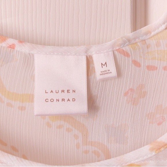 Lauren Conrad - Pintuck Peasant Boho Sheer Top Peach & White "Maribella Tile" - Picture 2 of 6